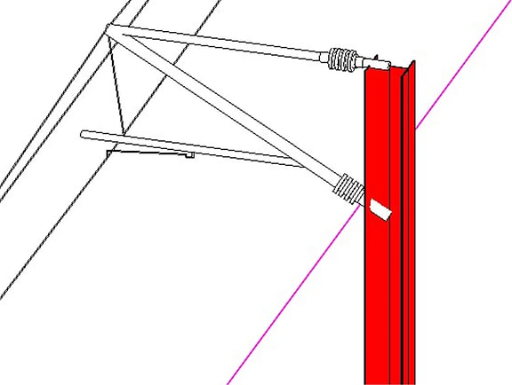 Detailed engineering CAD model of a railway overhead catenary line bracket in OpenRail Overhead Line Designer, showing mechanical cantilevers and insulators on a red steel mast.