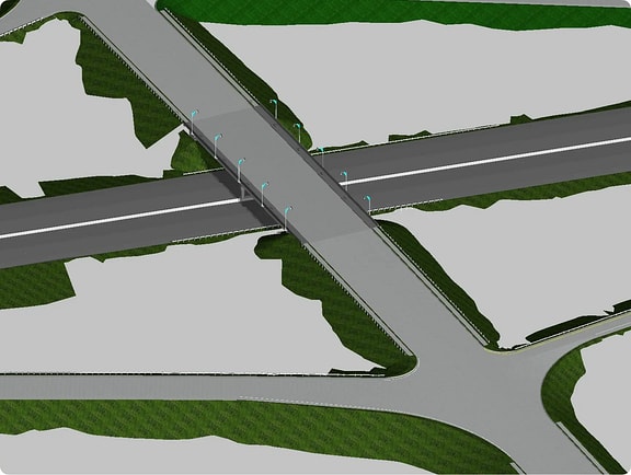 3D model of a highway overpass and intersection, visualizing the road design from OpenRoads Designer 