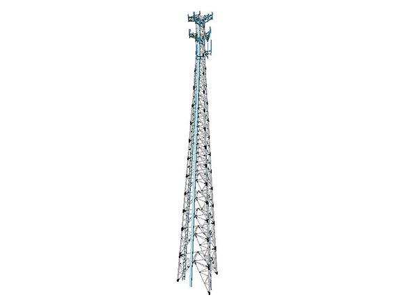A 3D lattice telecommunications tower structure modeled in OpenTower Designer, displaying steel framing, climbing ladders, and top antenna arrays.