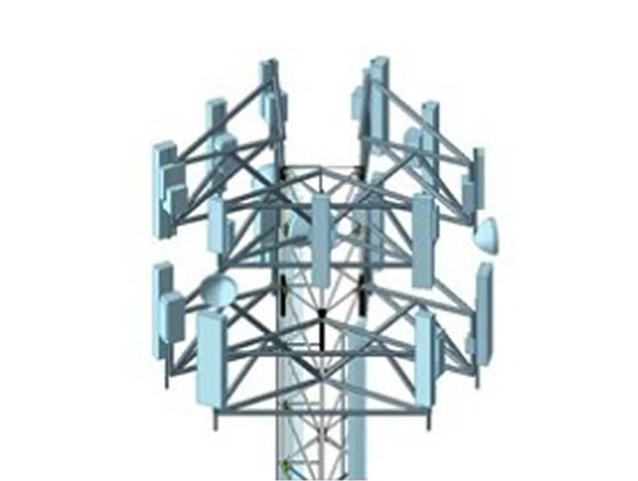 A detailed 3D CAD structure of a telecommunications tower antenna mount in OpenTower Mount Analysis, displaying sector frames and panel antennas.