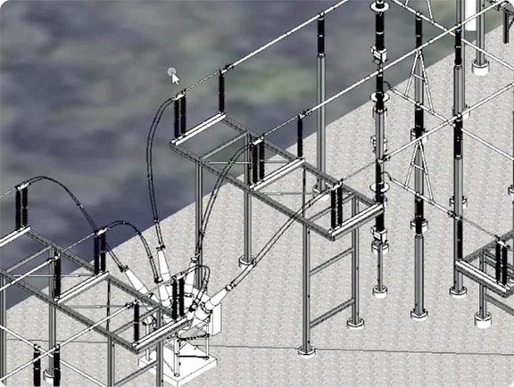 Wireframe view in OpenUtilities Substation performing an electrical clearance check between components