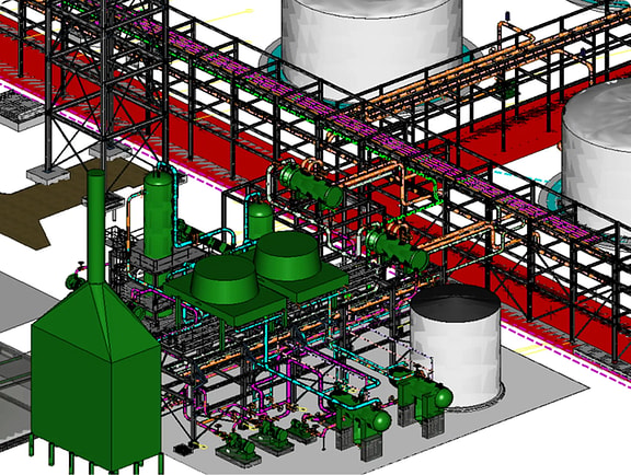 Comprehensive 3D process plant model in Plant Design WorkSuite, showing structural steel platforms, green vessels, storage tanks, and complex process pipeways.