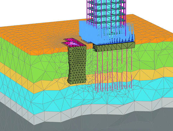 The interactive PLAXIS 3D interface presenting layered terrain configurations, groundwater flow analysis, and structural stress-strain graphics.