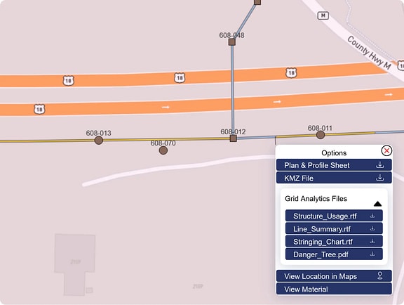PLS-GRID web interface with a menu showing quick access  to project-level and asset-specific data for a project 