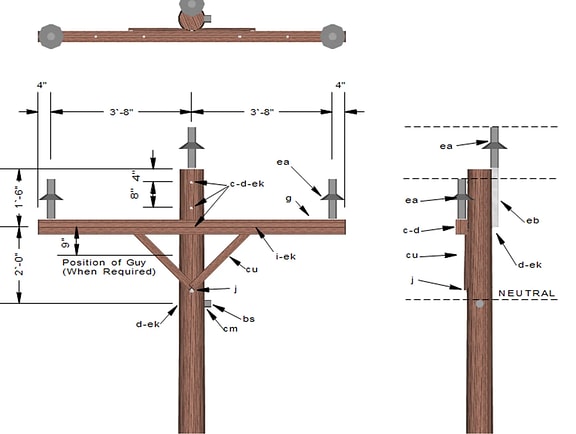 2D engineering schematic of a wood utility pole in PLS-POLE. Detailed drafting view displays multi-angle dimensions, cross-arms, and material component labels for structure detailing.