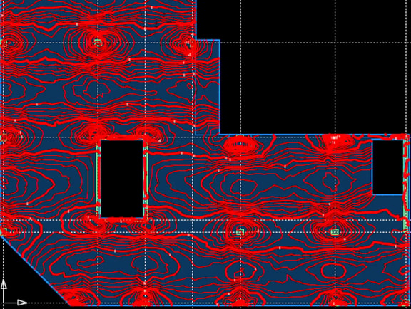 A detailed 3D finite element analysis deflection and stress contour map showing red contour lines over a blue floor plate slab model in RAM Concept, demonstrating structural post-tensioned concrete design and analysis.