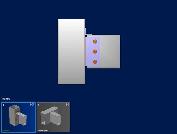 A 3D rendering of a structural steel column-to-beam connection with purple shear plates and three bolts, alongside a joint design list interface in RAM Connection, showing steel joint design validation.