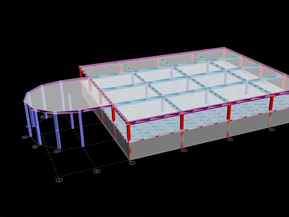 A 3D structural model of a low-rise multi-story building framing with gray floor slabs, columns, beams, and a cantilevered curved canopy in RAM Structural System, demonstrating concrete building design.