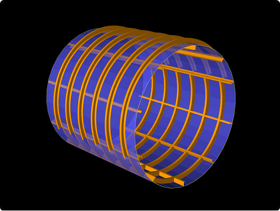 3D model of a stiffened cylindrical shell structure with internal ring frames, designed in SACS