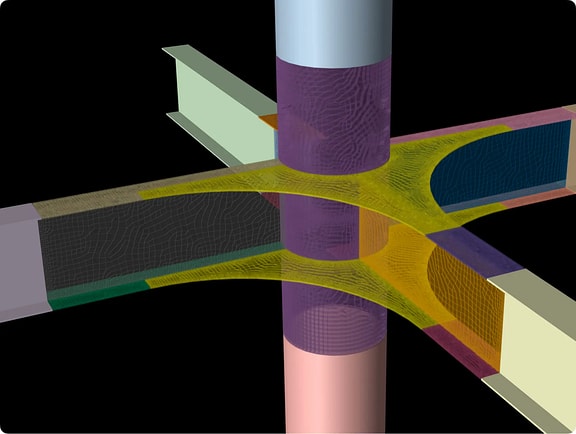 A detailed finite element model in SACS showing the complex meshed joint between a column and I-beams