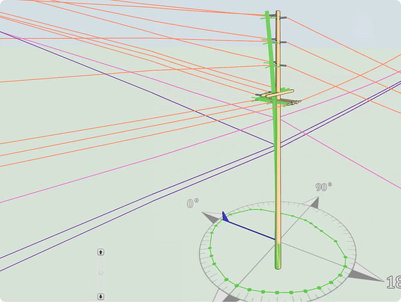 A utility pole in SPIDAcalc showing its deflection under load