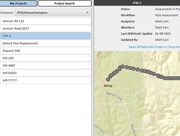A dashboard interface showing project lists, status cards like Pole Assessment in progress, and a map with a sequence of utility pole assets along a road in SPIDAstudio, representing utility project tracking.