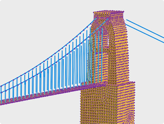 An analysis model view of a suspension bridge in STAAD.Pro, showing a detailed finite element mesh 