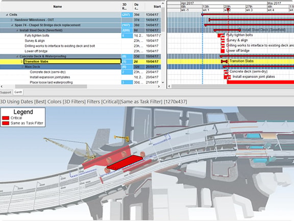 SYNCHRO 4D interface showing critical path construction tasks highlighted in red on a 3D model