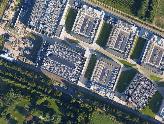 High-angle aerial view of a modern data center campus, demonstrating advanced technological infrastructure, secure digital operations, and efficient facilities site planning.