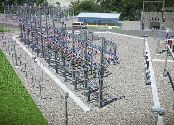 A detailed 3D model of an electrical substation showing all major equipment and structures