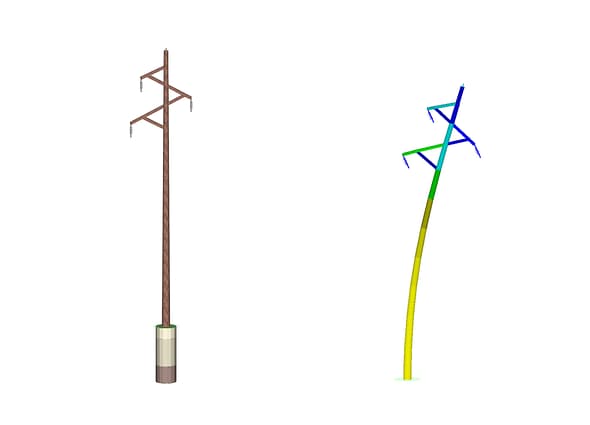 CAISSON software interface showing a detailed timber utility pole with insulators on a concrete shaft foundation next to its color-coded stress and lateral deflection analysis model.