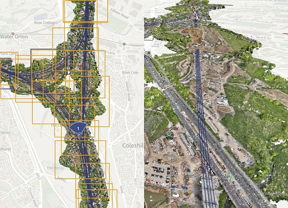 A split-screen interface in iTwin Capture Reality Management displaying a 2D tile-index map on the left and a corresponding 3D reality mesh of a transportation corridor on the right.