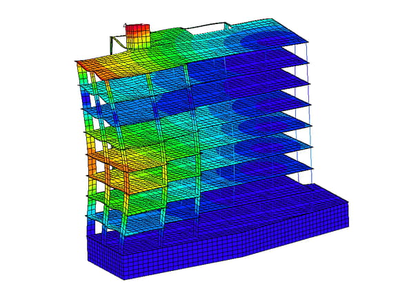 ADINA 3D structural modeling software displaying finite element analysis of a multi-story building under stress, using blue-to-red color contours.