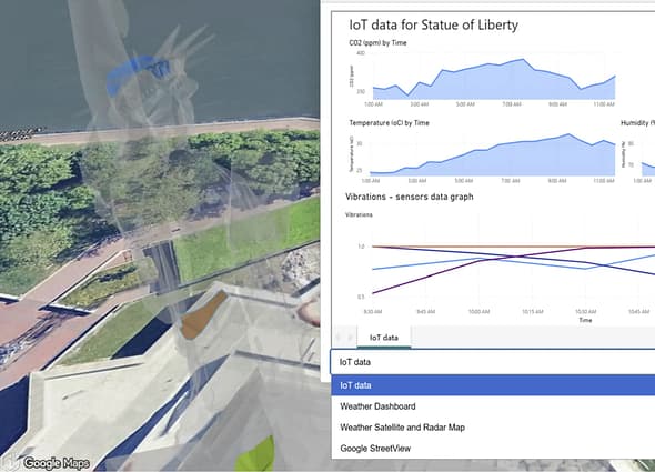 Digital twin integrated with real-time IoT sensor data dashboards using Bentley Enterprise Connection Services.