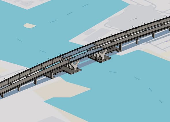 A 3D CAD infrastructure design model of a dual-span concrete highway bridge crossing over blue water, showcasing piers, columns, and road lanes, rendered within Bentley View.