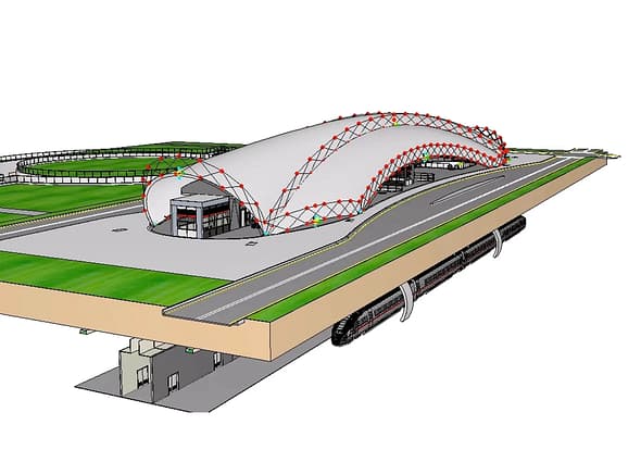 Building WorkSuite 3D architectural rendering showing a transit terminal design with a white curved canopy, structural frame, and high-speed train.