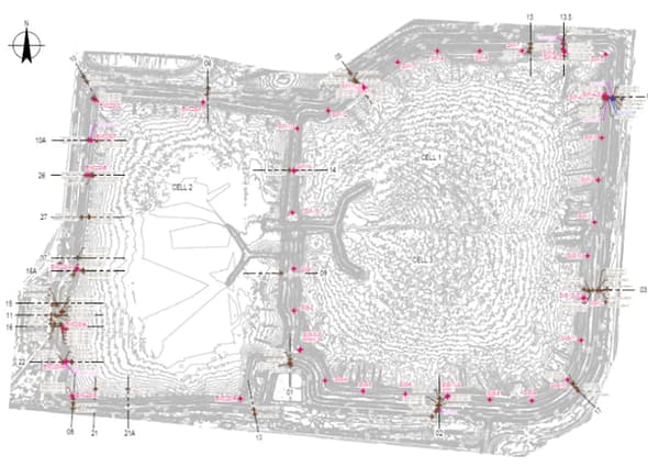An engineering contour site plan of a multi-cell industrial waste facility in eagle.io showing the spatial distribution of geotechnical and water monitoring sensor locations.