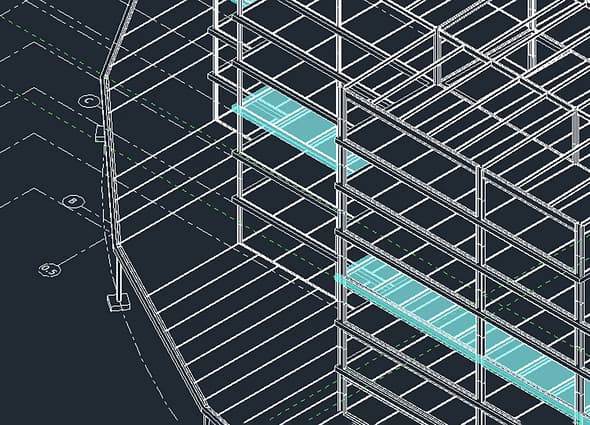 A high-fidelity 3D structural steel framing model of a multi-story building inside ISM Revit Plug-in, featuring highlighted floor decks and grid lines on a dark background.