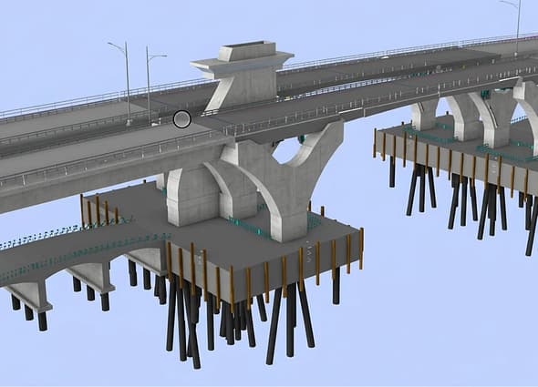 A complete 3D structural model of a concrete bridge pier foundation crossing in iTwin Synchronizer, displaying vertical column supports, pile caps, and vertical foundation piles.