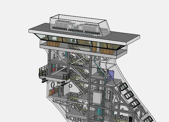 MicroStation interface showing a 3D model of a control tower.