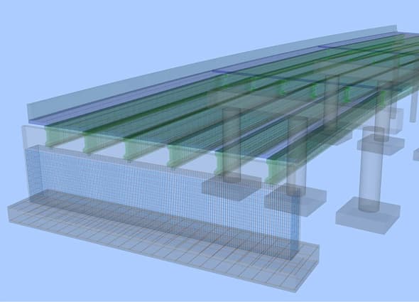 Detailed 3D analytical model of a bridge showing internal rebar and structural components