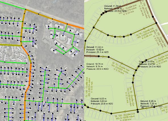 Water network model in OpenFlows WorkSuite showing an aerial street map pipe layout on the left and a detailed technical design of ductile iron pipes with flow data on the right.