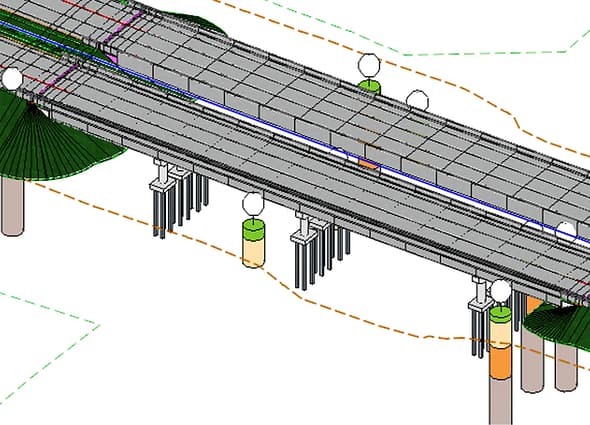 3D bridge model in OpenGround, showing the integration of subsurface geotechnical data with the infrastructure design.