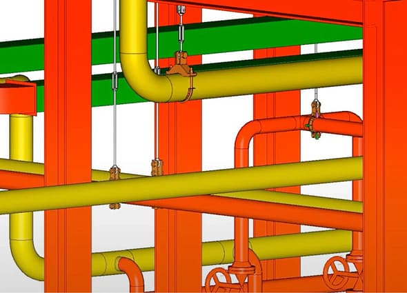 Detailed 3D model of piping and supports designed in OpenPlant Support Engineering.