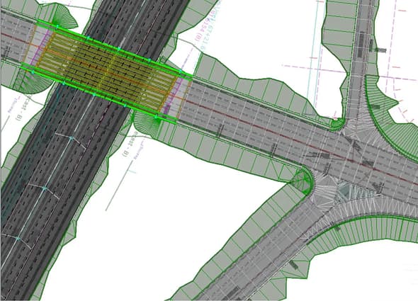 Detailed 2D design plan of a highway overpass and intersection created in OpenRoads Designer