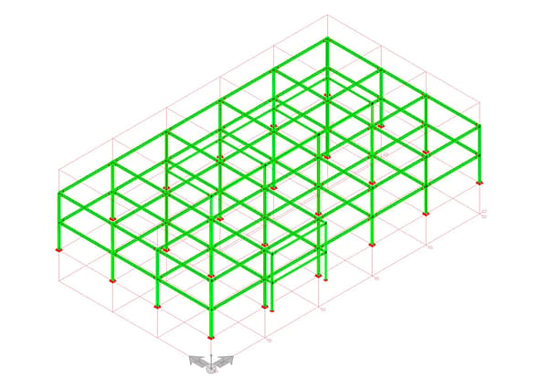 A detailed 3D model of a structural steel building frame created in ProSteel.