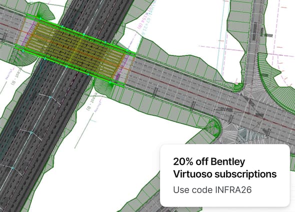Detailed 2D design plan of a highway overpass and intersection created in OpenRoads Designer