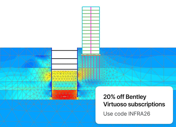 A detailed 2D finite element geotechnical analysis model showcasing soil-structure interaction, excavation support systems, and displacement vectors created in PLAXIS 2D.