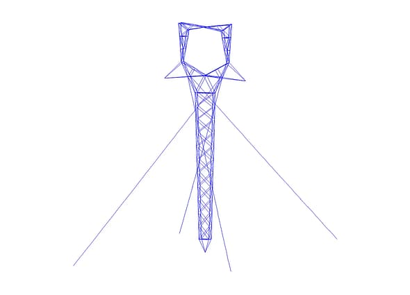 A detailed blue wireframe model of a single steel lattice transmission tower structure on a white background in SAPS, illustrating transmission tower engineering.
