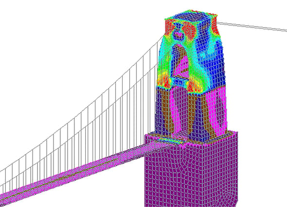 A finite element analysis of a suspension bridge tower, demonstrating the capabilities of the Structural WorkSuite.