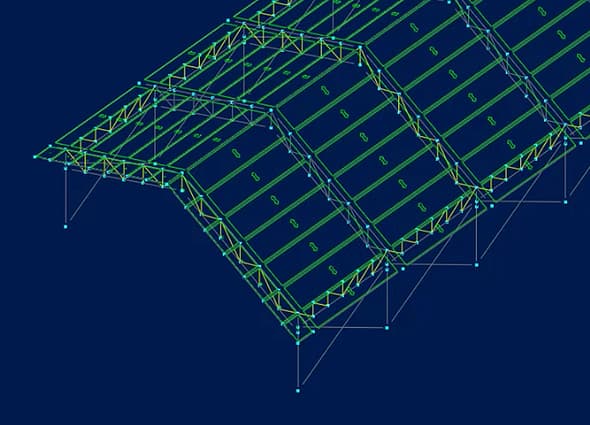 A 3D structural framing model showing wireframe and green outline geometry of a vaulted truss roof structure with support columns in RAM Elements, showcasing structural 3D frame design.