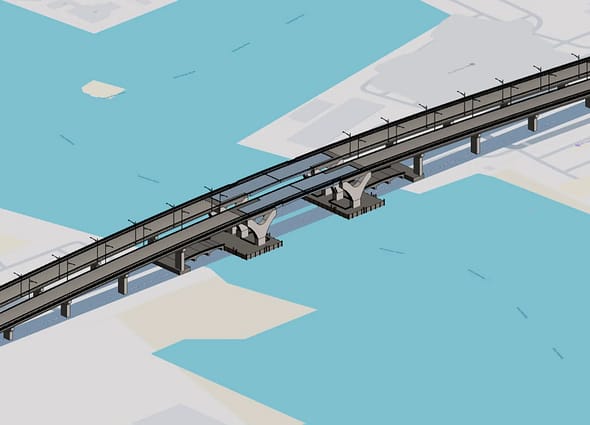 A 3D CAD infrastructure design model of a dual-span concrete highway bridge crossing over blue water, showcasing piers, columns, and road lanes, rendered within Bentley View.