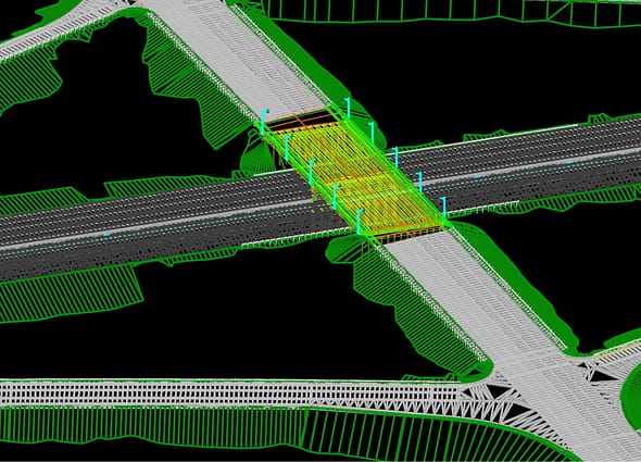 3D model of a complex road and bridge project, showcasing the multi-disciplinary capabilities of the Civil WorkSuite.