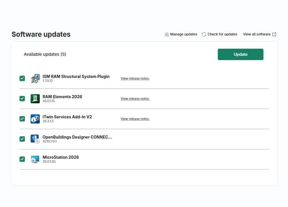 The Software Updates screen in CONNECTION Client showing five available updates, including MicroStation 2026 and RAM Elements 2026, with a green Update button.