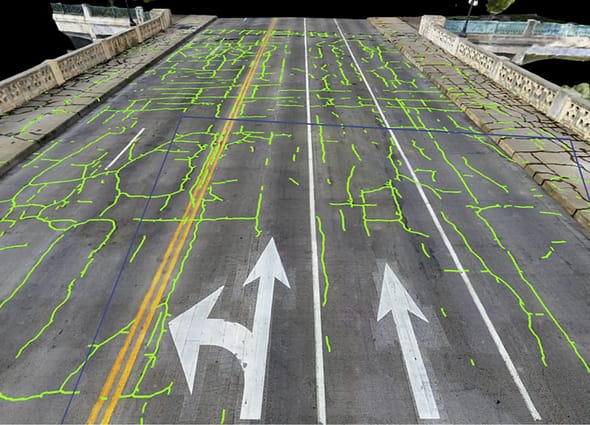 AI-powered crack detection on a 3D reality model of a road processed by iTwin Capture Cloud Services