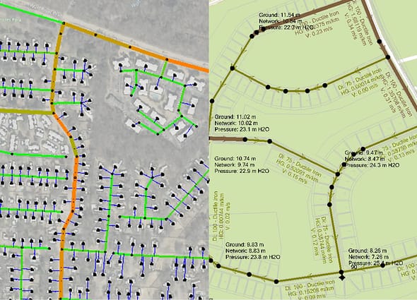 Water network model in OpenFlows WorkSuite showing an aerial street map pipe layout on the left and a detailed technical design of ductile iron pipes with flow data on the right.