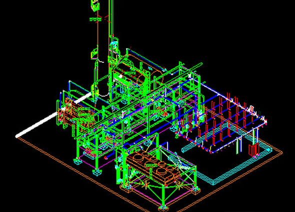 A 3D plant model used by OpenPlant Orthographics Manager to automatically generate general arrangement drawings.
