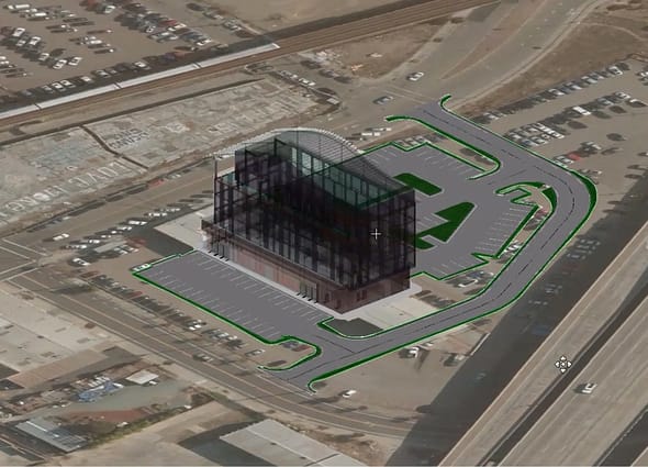 A 3D conceptual site model of a commercial development featuring parking lot layouts, building pads, and grading visualization in OpenSite Designer.