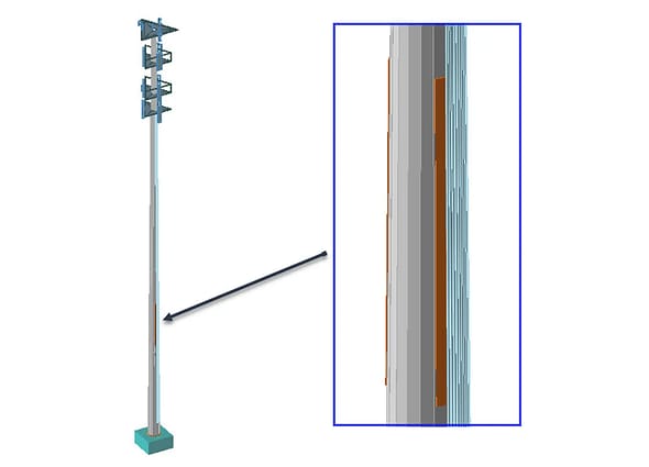 A 3D monopole telecommunications structure in OpenTower Designer, featuring a zoomed-in blue frame highlighting the orange antenna mounting plates.