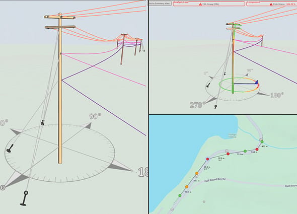 3D interactive view in SPIDAcalc showing connected utility poles lines